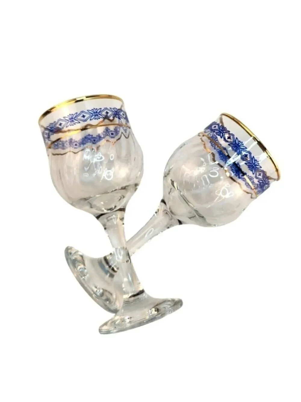 Steamed Wine Glasses Blue Floral Diamond & Gold Rim Design, Swirl Glass